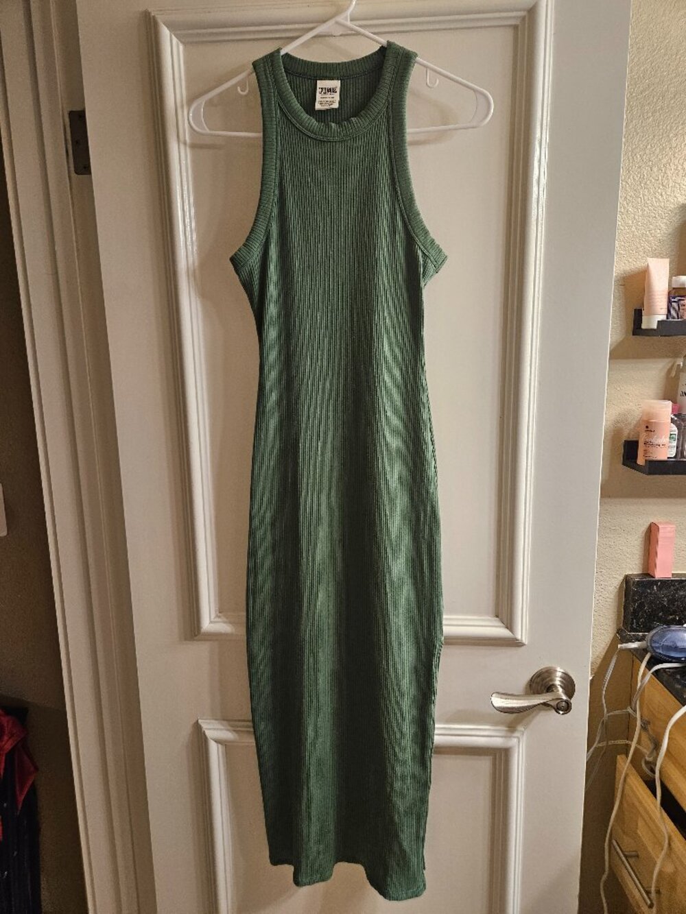 PINK Olive Green Ribbed Sleeveless Midi Dress Size S